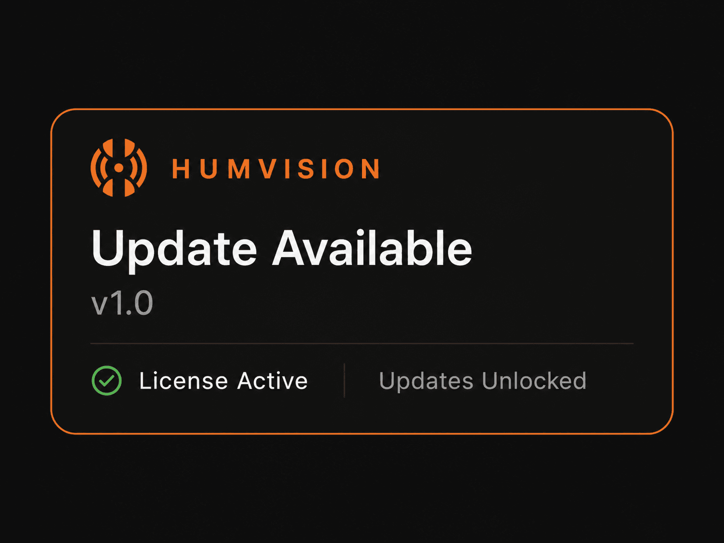 HumVision update available card showing version 1.0 and license active status