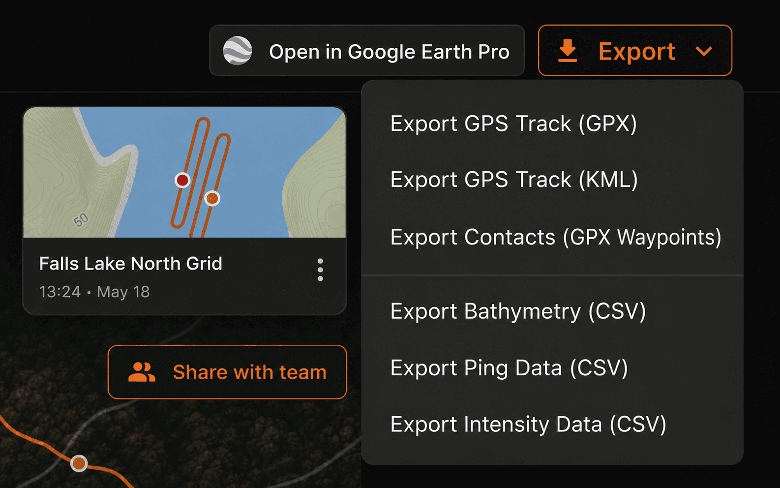 HumVision export menu with Google Earth Pro and Share with team actions