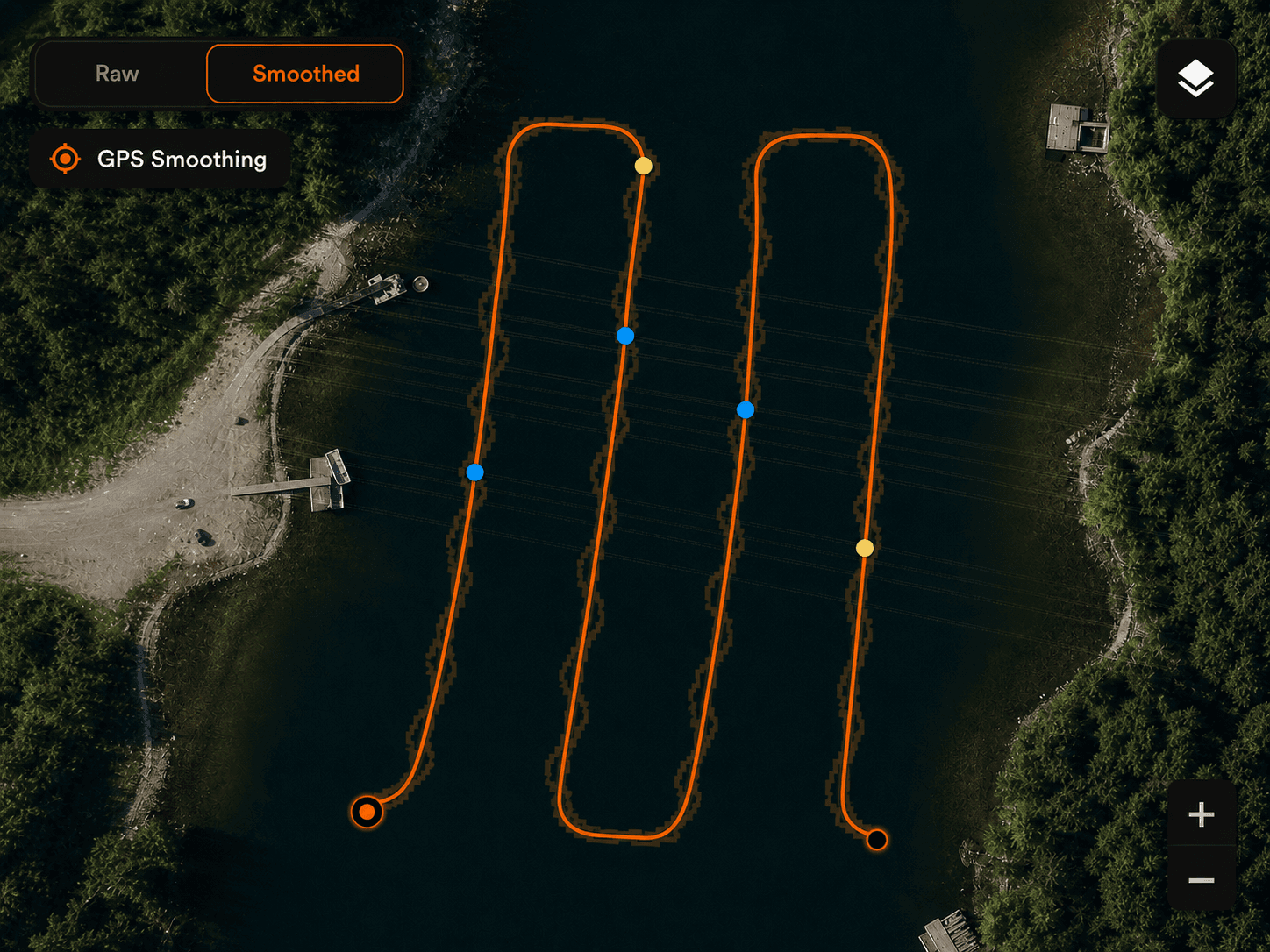 HumVision GPS track smoothing map showing raw jagged track corrected into a smooth survey route