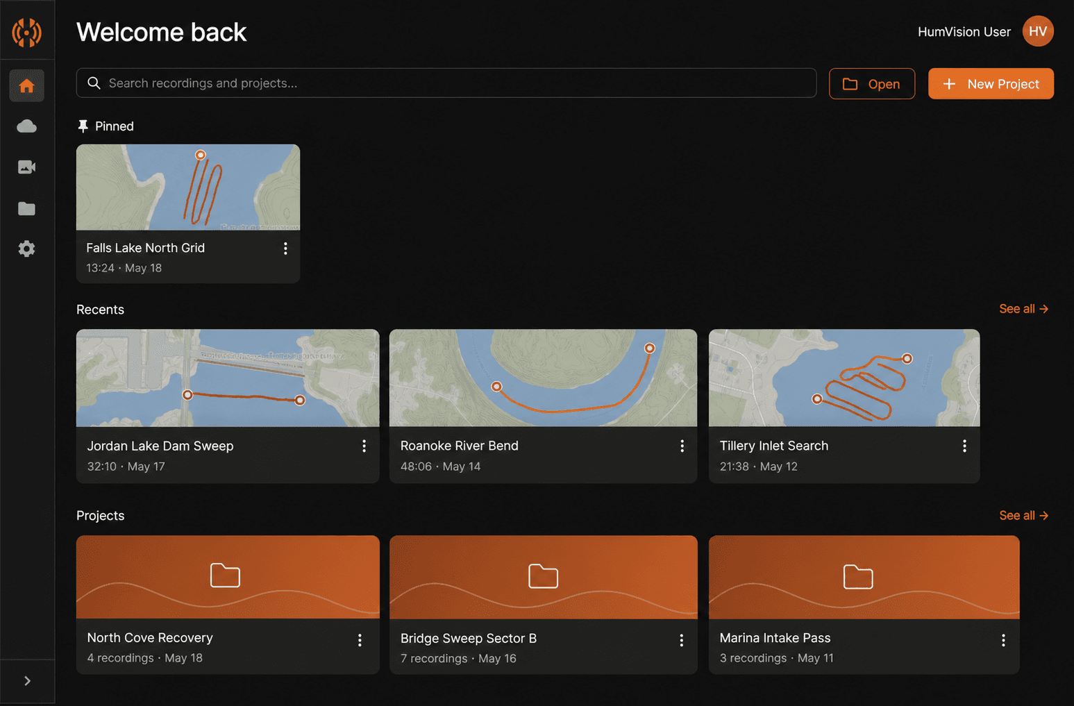 HumVision projects and recordings library with pinned, recent, and project cards