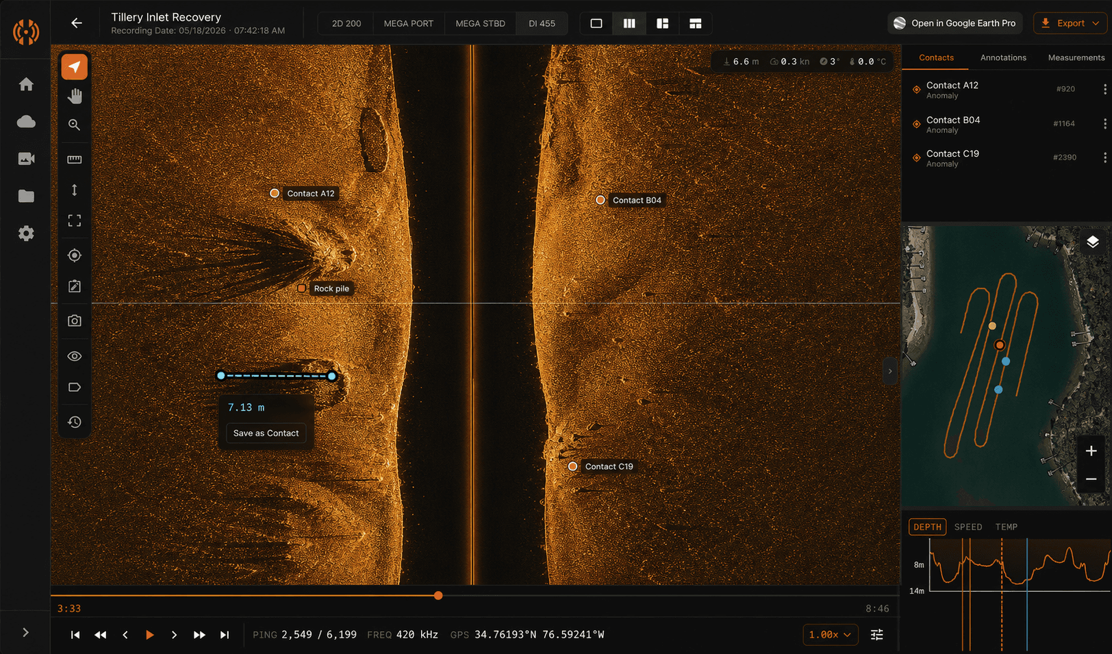HumVision sonar review workspace showing contacts, annotations, measurements, GPS track review, and export tools