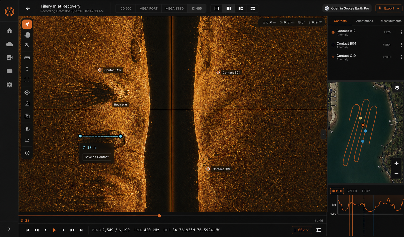 HumVision sonar review workspace showing contacts, annotations, measurements, GPS track review, and export tools